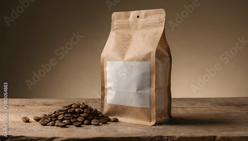 Open paper bag of coffee beans on wooden surface with warm natural lighting