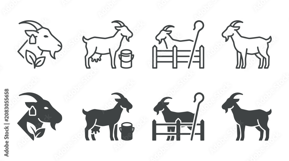 Fototapeta premium Set of goat and farm animal line and solid vector icons with livestock agriculture breeding collection cultivation