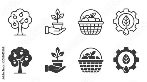Sustainable agriculture and fruit harvesting icon set including trees and plant care symbols with agriculture, industry