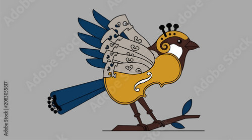 фотографія Flat Vector Illustration of a Sparrow with Cello Body and Violin F-Holes, Blue F