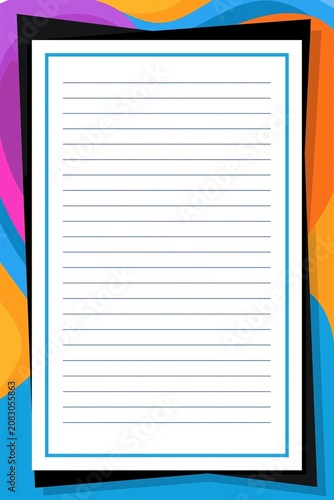 Blank lined paper sheet with blue border on black and colorful background