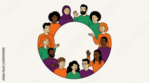 Flat Vector Illustration of Diverse People Arranged in a Circle Around a White Copy Space, Representing Community and Connection, with Vibrant Orange, Purple, and Green Torsos