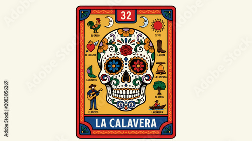 Flat Vector Illustration of La Calavera Card from Mexican Loteria Game, Featuring a Decorated Sugar Skull Surrounded by Traditional Symbols and Text, Vibrant Colors on Yellow Background, Graphic