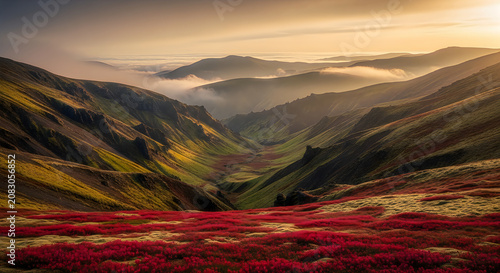 Sunset over mountainous forest landscape with misty valleys