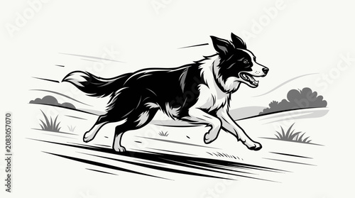 Slika na platnu A black and white dog runs quickly across a rural landscape.