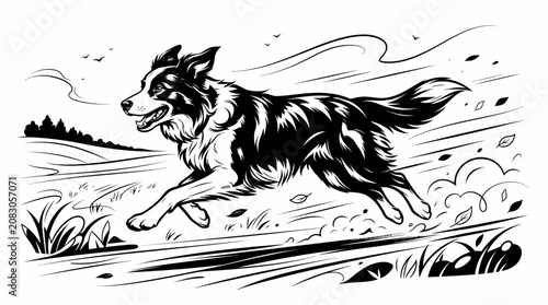 Foto A dog runs quickly across a vast field with trees and grass in the background