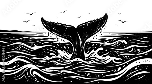 Fotografi Whale tail splashes into ocean waves with seagulls flying overhead in a scenic l