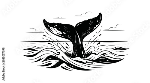 Tableau sur toile A whale tail jumps out of the ocean with waves and clouds