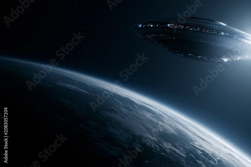 Close-up of unidentified flying object hovering above Earth's atmosphere in space