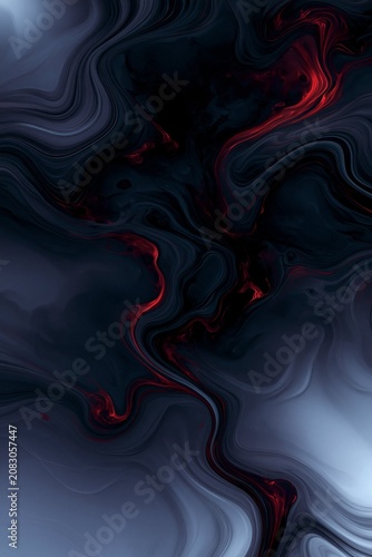 Dark blue and black abstract liquid texture with red glowing veins