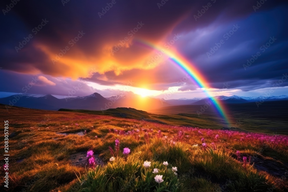 Fototapeta premium Nature background rainbow landscape grassland.