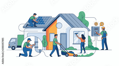 A vibrant illustration of people performing various home maintenance tasks