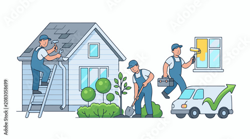 Illustration of house renovation with workers on roof painting and landscaping