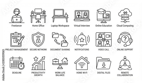Remote Work and Digital Collaboration Line Icon Set