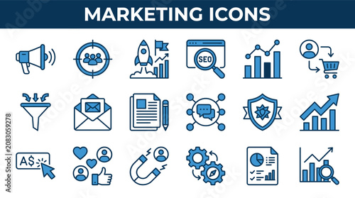 Digital marketing and business strategy vector icon set for social media and advertising