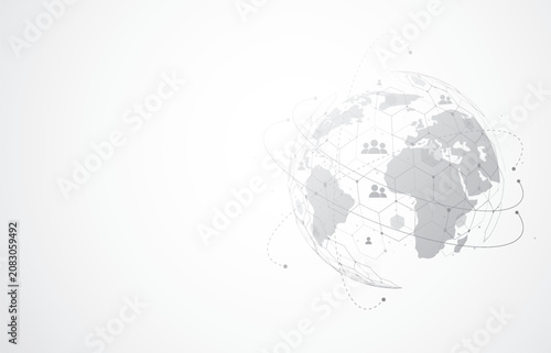 Global connection network abstract background with world map and people icons
