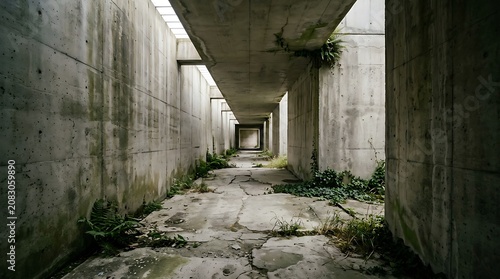 Abandoned brutalist concrete corridor with overgrown plants decay