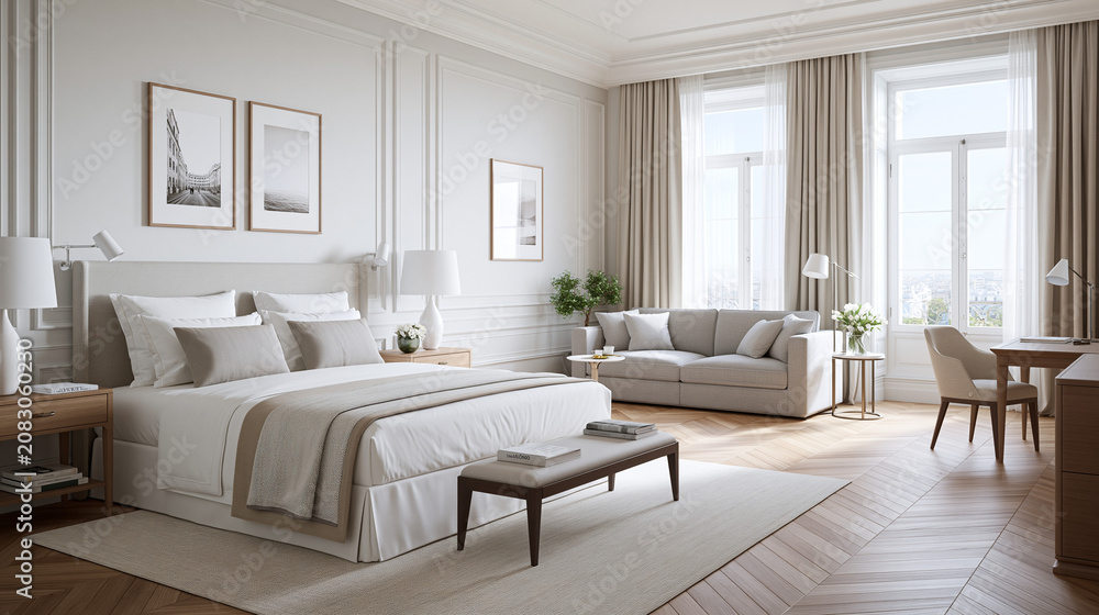 Fototapeta premium Bright living room features neutral tones and soft natural lighting