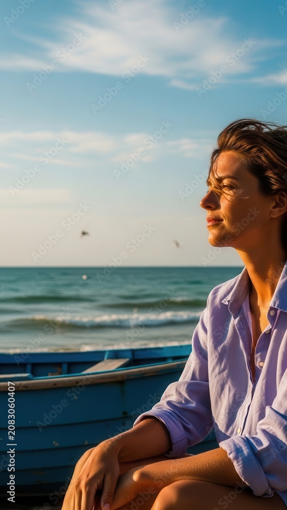 Fototapeta premium Woman sitting on beach looking at ocean wearing casual shirt. Serene coastal landscape with a boat.