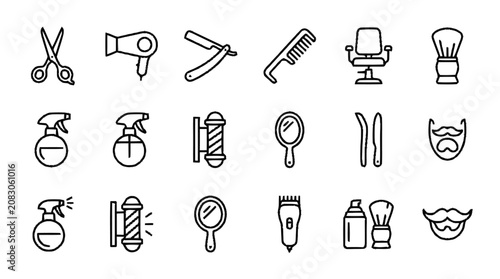 Bild auf Leinwand A collection of various grooming icons including scissors, hairdryer, and cosmetics on a clean surface