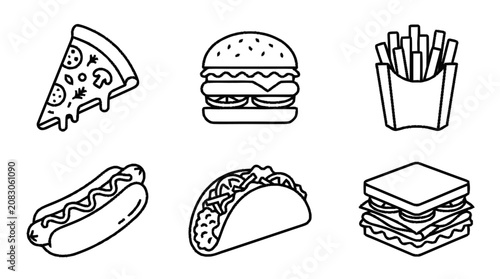 Fotografie Illustration of various fast food items including pizza, burger, fries, hot dog, taco, and sandwich