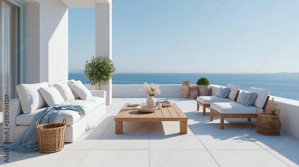 Fototapeta premium Bright living room with ocean view and cozy seating arrangement