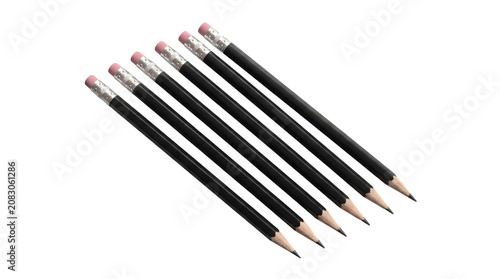 Six black pencils with pink erasers isolated on transparent background