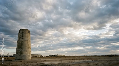 Concrete ventilation tower beneath dramatic cloudy sky industrial structure