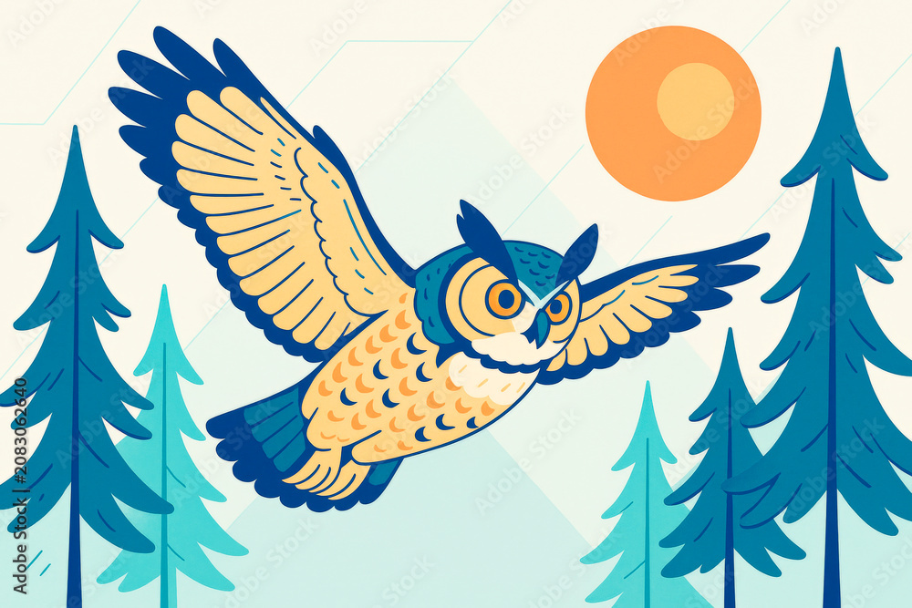 Fototapeta premium Colorful owl flying through stylized forest with sun in sky on bright background in creative flat illustration style. Ai generative