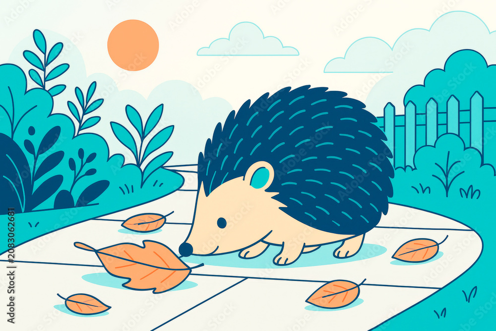 Fototapeta premium Cute cartoon hedgehog walking on a garden path with autumn leaves, surrounded by plants, under a soft sunny sky in a playful style. Ai generative