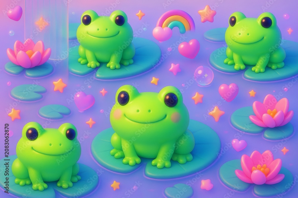 Obraz premium Cute cartoon frogs sitting on lily pads surrounded by stars, hearts, and flowers on a dreamy pastel background in a playful style. Ai generative