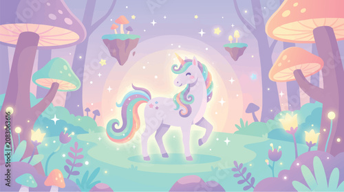 Obraz na płótnie Magical pastel unicorn in enchanted forest with giant mushrooms vector illustrat