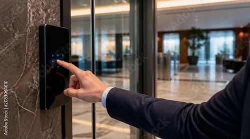 touch access control keypad mounted beside a premium glass entrance inside a high-security financial institution