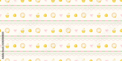 Tableau sur toile Colorful sweet and cupcake pattern with pink ribbons and sprinkles in pastel col