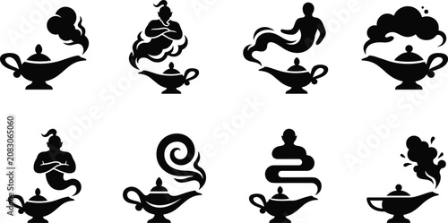 Fotografie Magic Genie Lamp Silhouette Icon Set with Mythical Arabian Djinn and Smoke Symbo