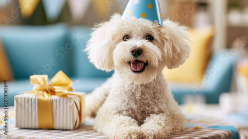 Cute white fluffy dog in party hat with gift celebrate birthday at home