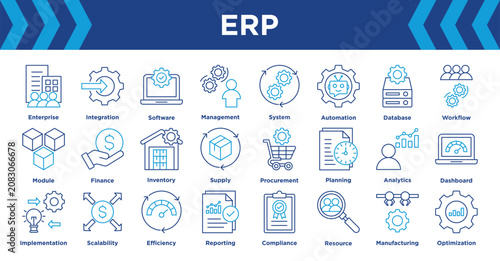 ERP icon collection set. Containing Enterprise, Integration, Software, Management, System, Automation, Database and Workflow. vector editable.