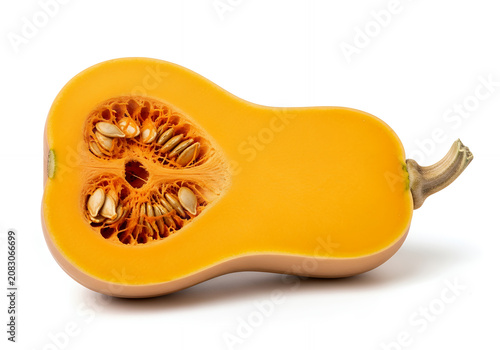 A halved butternut pumpkin (butternut squash), isolated on a pure white background