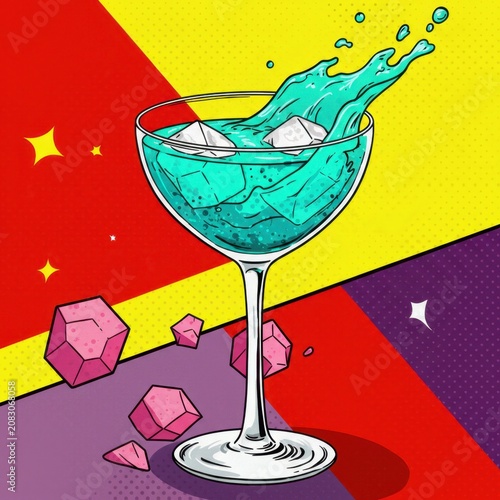 Modern Blue Cocktail Illustration in Pop Art Style with Vibrant Colors and Creative Beverage Concept