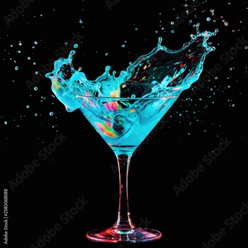 Blue Cocktail Splash in Transparent Glass with Dynamic Motion and Vibrant Refreshing Beverage Styling