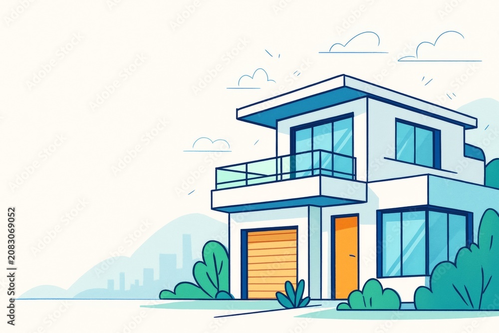 Fototapeta premium Modern two-story house with large windows and balcony in minimalistic cartoon style on light background with cityscape and nature elements. Ai generative