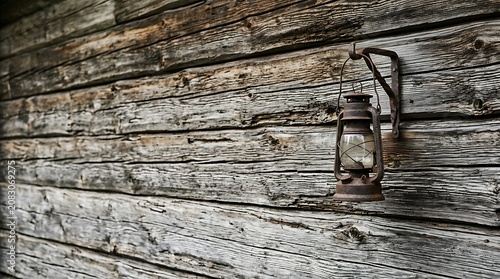 Old rusty lantern hanging on a weathered log cabin wall