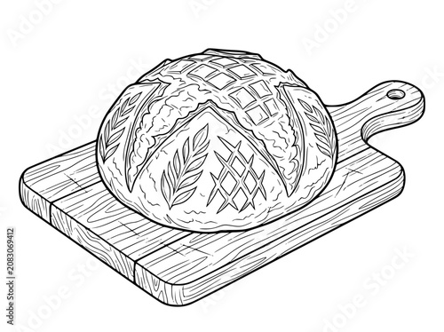 Artisan Sourdough Bread Loaf on a Wooden Cutting Board Line Art Illustration