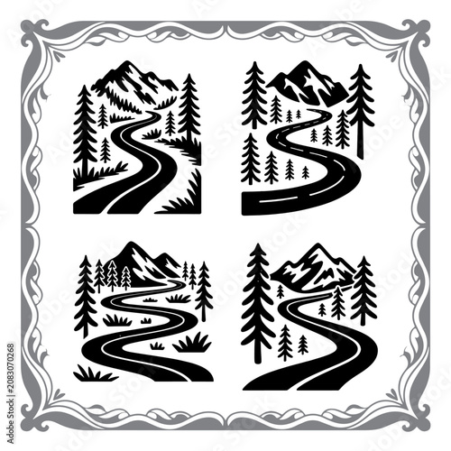 Black and White Winding Mountain Road Landscape Illustration Set with Pine Forest and Ornate Border