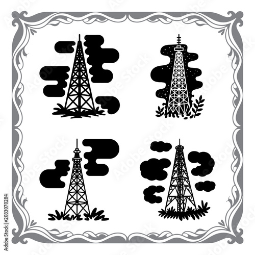 Vintage Radio Tower Illustration Set with Ornate Border Black and White