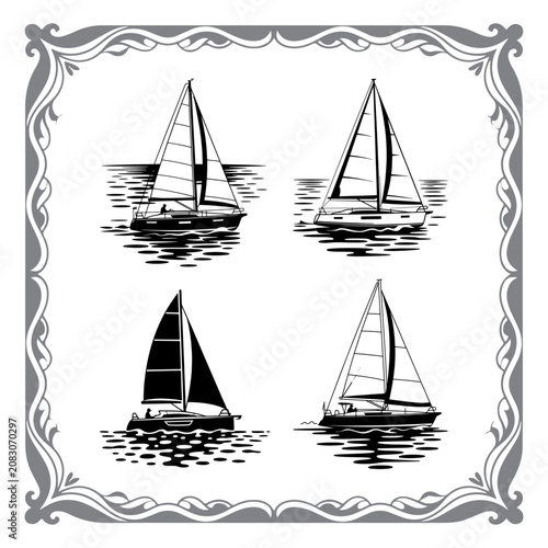 Black and White Vintage Sailboat Illustration Set with Decorative Ornate Border