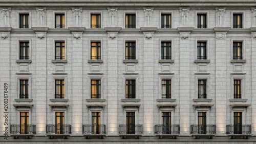 Symmetrical neoclassical building facade in monochrome. Artificial intelligence image
