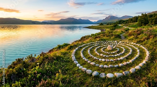Stone labyrinth overlooking a mountain lake during golden hour