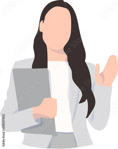 a professional businesswoman holding a document folder while gesturing confidently.