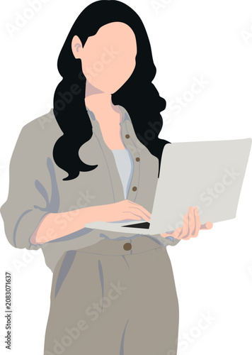 a businesswoman using a laptop computer while standing. Perfect for remote work, digital business, online communication, office productivity, technology, and corporate projects.